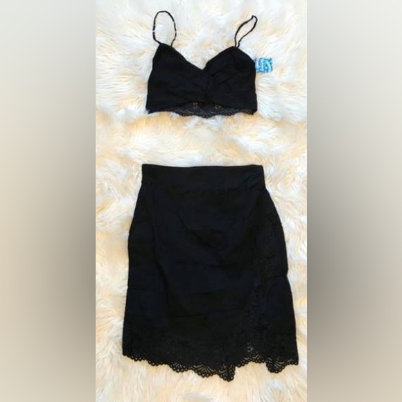 Free People Black Lace Va Va Voom 2pc Crop Top Skirt Set - Picture 3 of 8